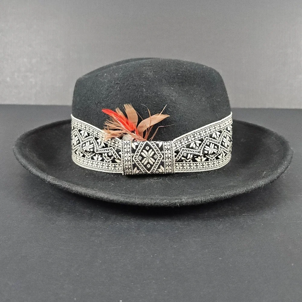 Gypsy Warrior Black Wool Fedora Hat Embellished Band Feather Detail‎ One Size
